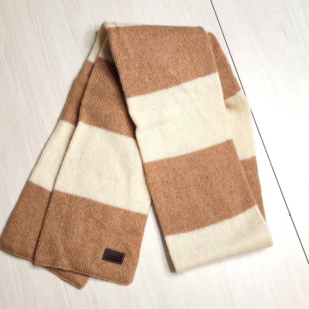 Coach Scarf ⭐️ 100% Wool 🐑 Tan & Ivory Stripes 🤎 BEAUTIFUL 🧣